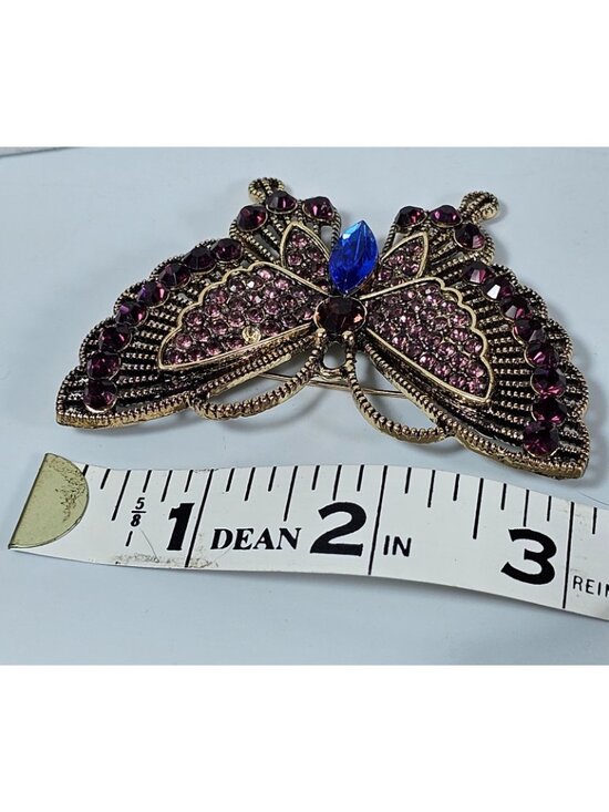 Rhinestone Butterfly Brooch Pin Gold Tone Pink Blue Purple Sparkle VTG - Picture 7 of 7